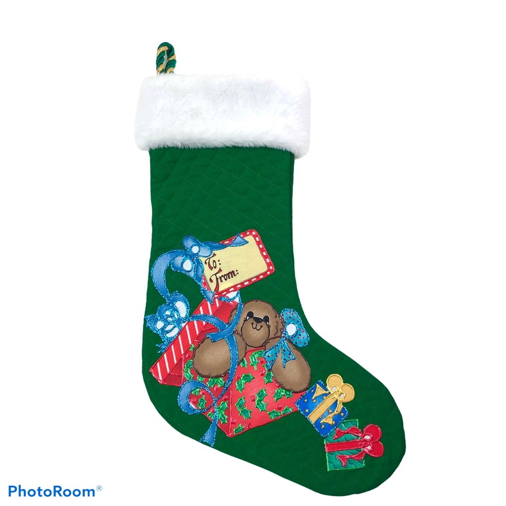 Vintage Homemade Green Quilted Christmas Bear Stocking